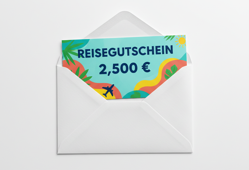 Reisegutschein im Wert von 2.500 € in weißem Umschlag vor weißem Hintergrund, symbolhaft für Gewinn beim Kochsternstunden Wettbewerb.