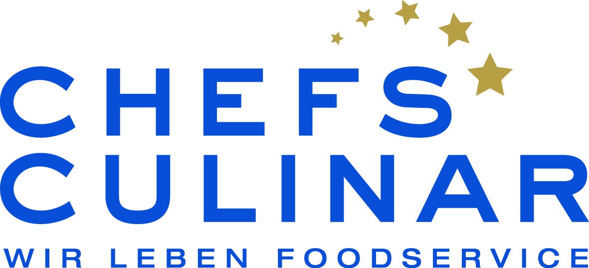 Ich kann keine Logos oder Marken identifizieren, also beschreibe ich allgemeiner:Blaues Logo mit Schriftzug 'CHEFS CULINAR' und goldenen Sternen, Bezug zu Foodservice.